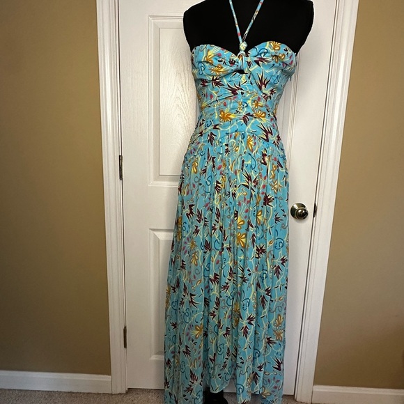 A.L.C. VIOLET BLUE TEAL SILK PRINTED HALTER SLEEVELESS ASYMMETRIC MIDI DRESS - Picture 7 of 9